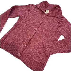 LL Bean Pink Cable Marled Collar Button Wool Blend Cardigan Sweater SMALL‎